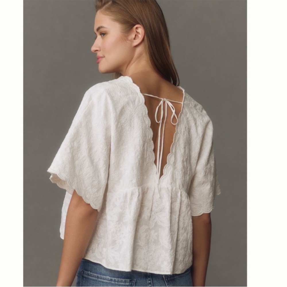 NWT Anthropologie Sienna cropped boxy white design tunic top with back tie s. L